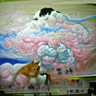 Giant Cat and Man in Cotton Candy Clouds
