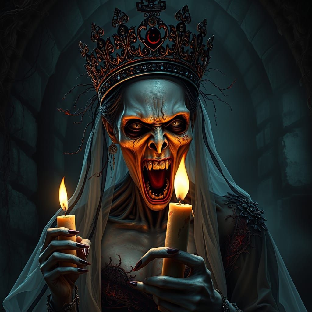 Dark Vampire Queen in Haunting, Gothic Cathedral Scene