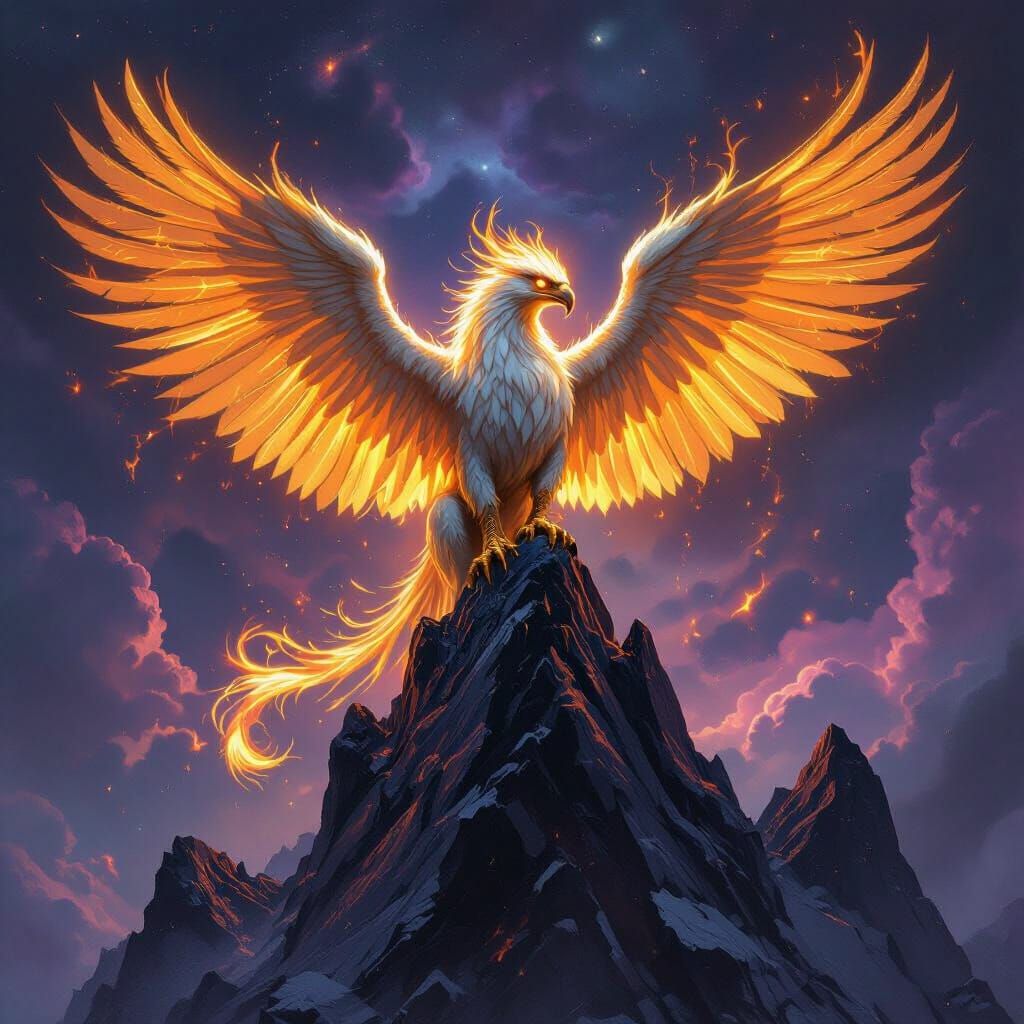 Golden Griffin Perched Atop Obsidian Peak