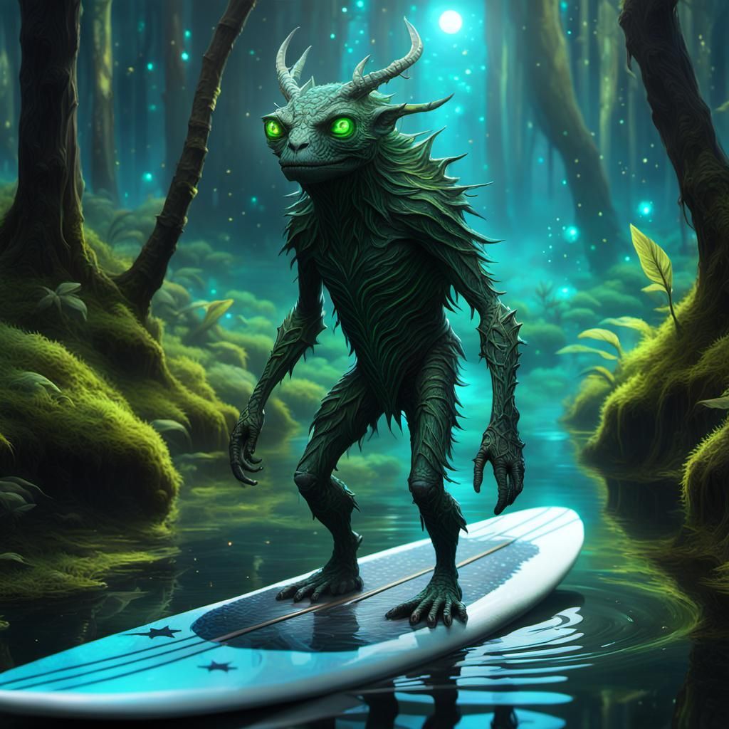 Friendly Forest Spirit Surfing in a Swamp
