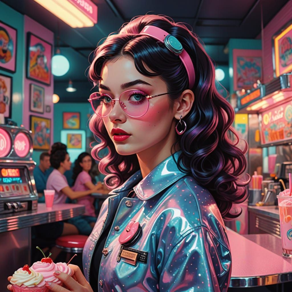 Retro Teenager in Neon Diner with Milkshake