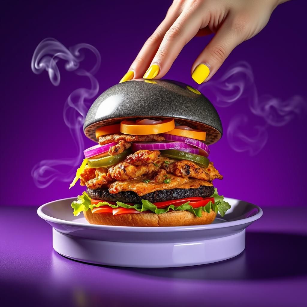 A gourmet burger with a charcoal-black bun