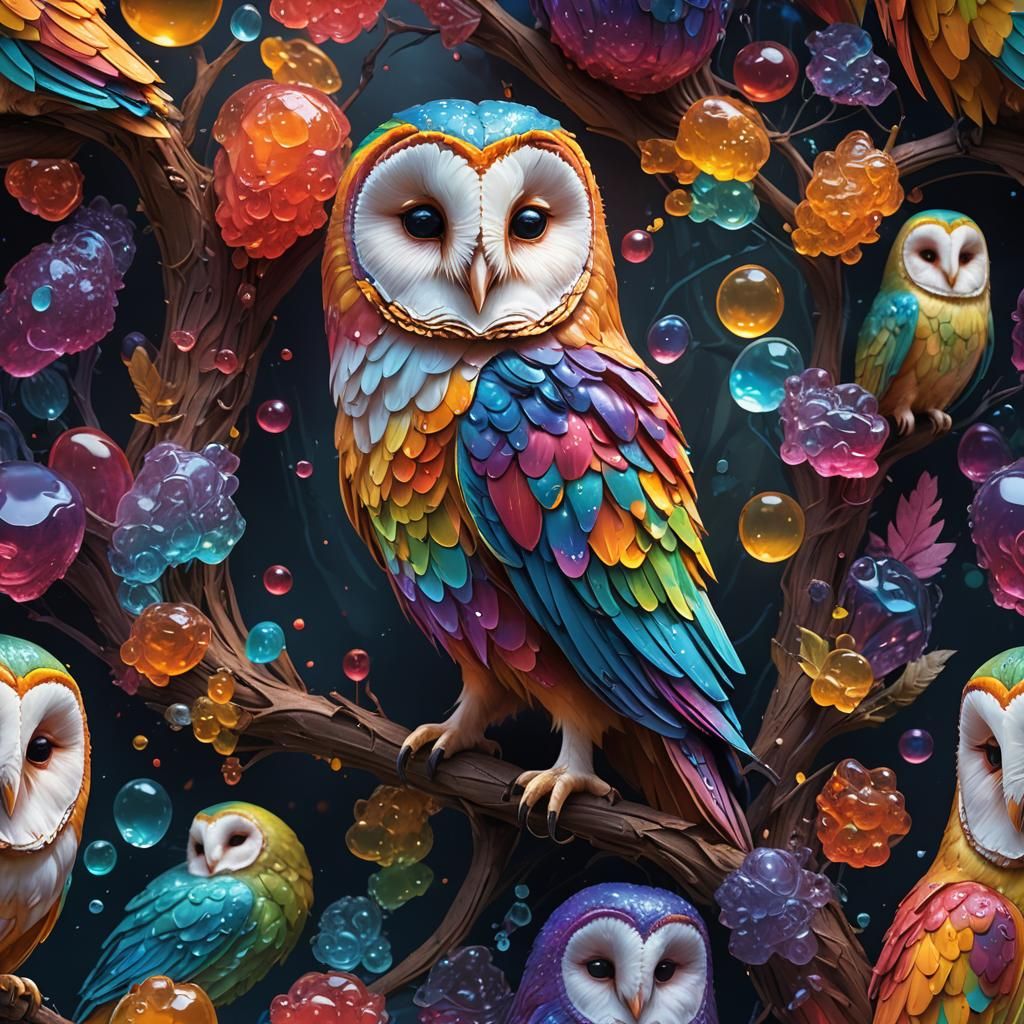 Rainbow Jelly Barn Owl: Detailed Matte Painting