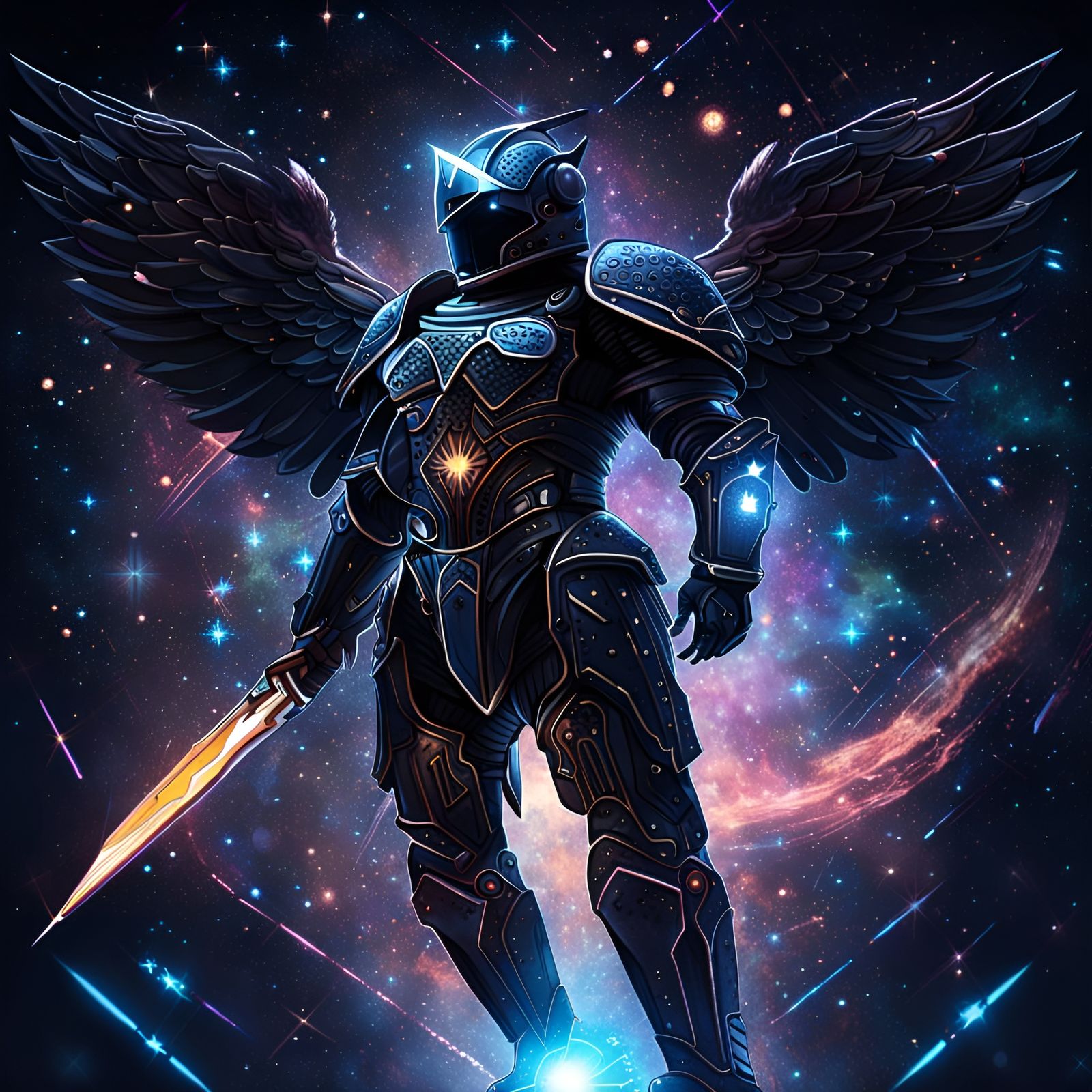 Cyberpunk Winged Knight Flying in Galactic Outer Space