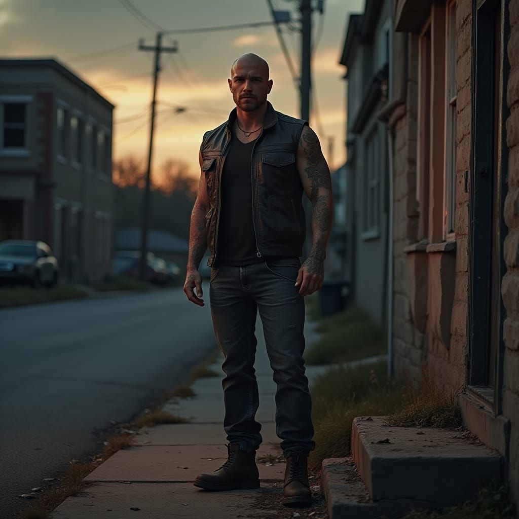 Hyperrealistic Portrait of Bald Man with Tattoos