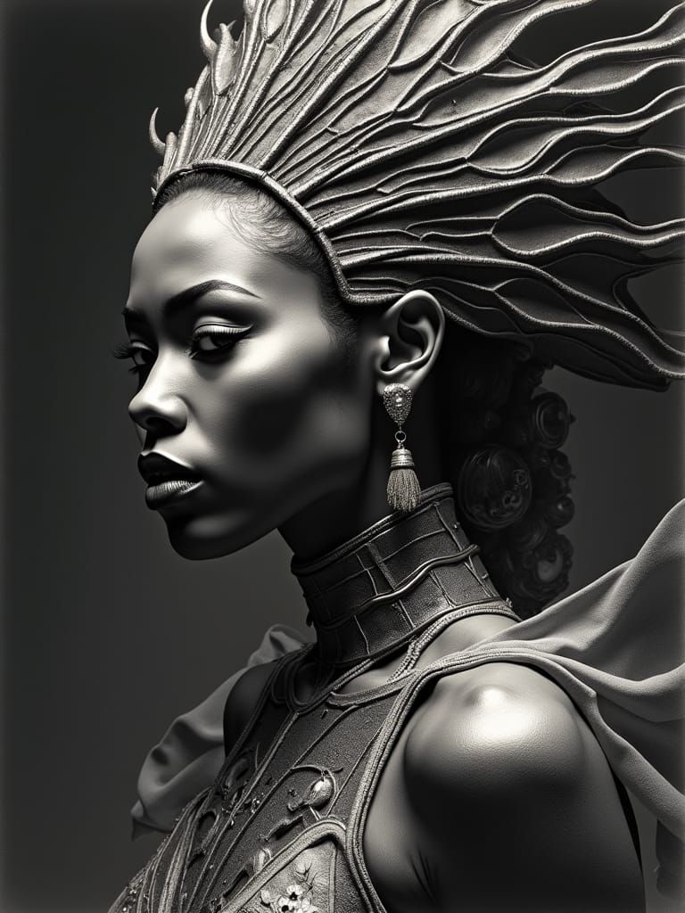 Futuristic African Queen in Charcoal and Ink