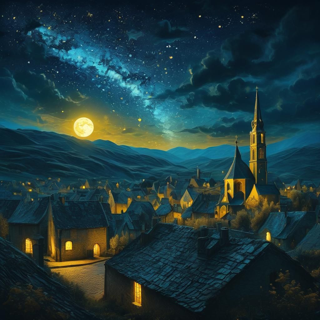 Village Under Starry Sky in Van Gogh Style
