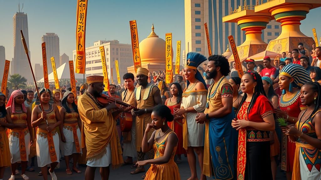Vibrant Ancient Egyptian Festival in Modern Cityscape
