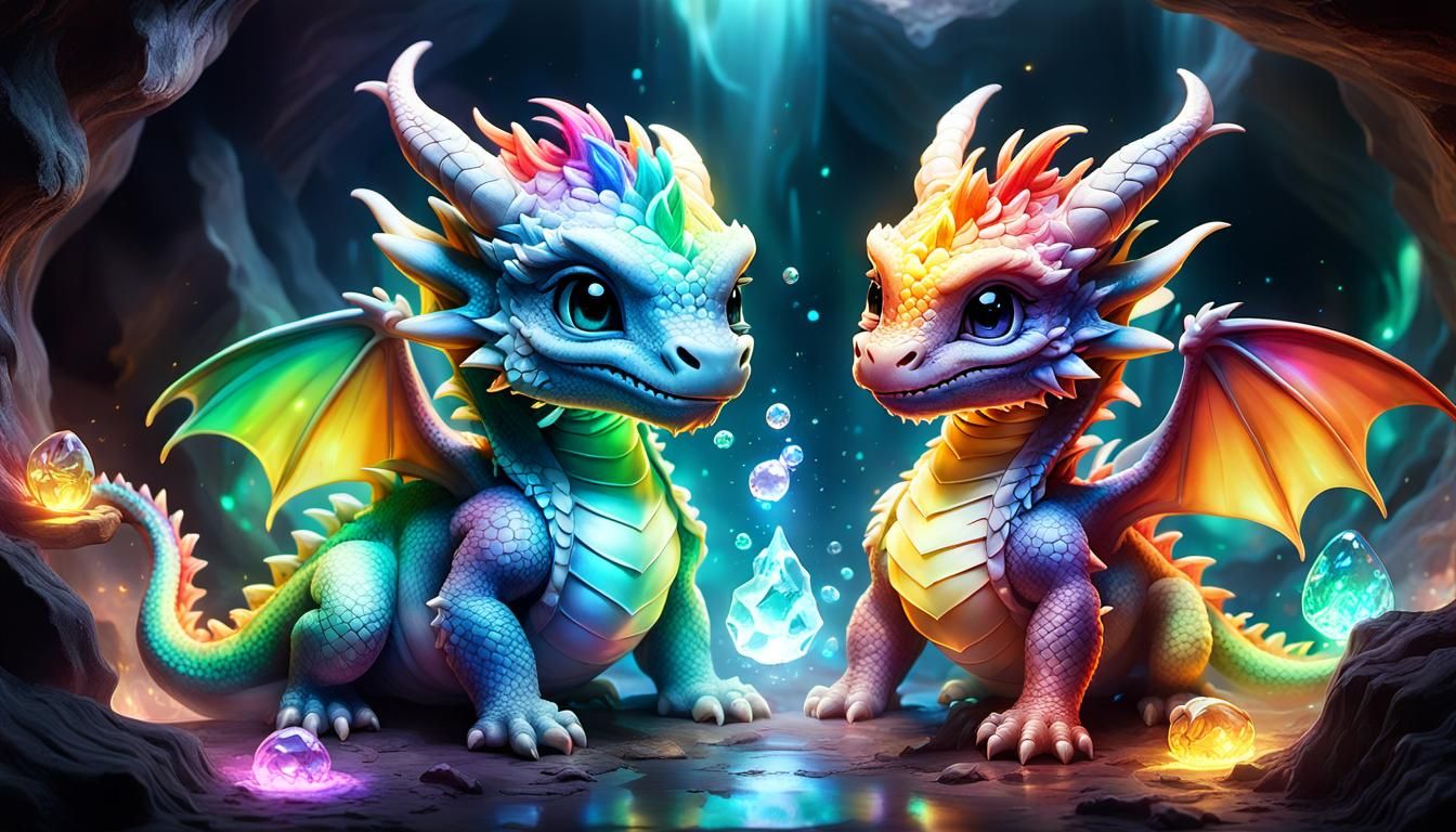 Vibrant Chibi Rainbow Dragons in Crystal Cavern