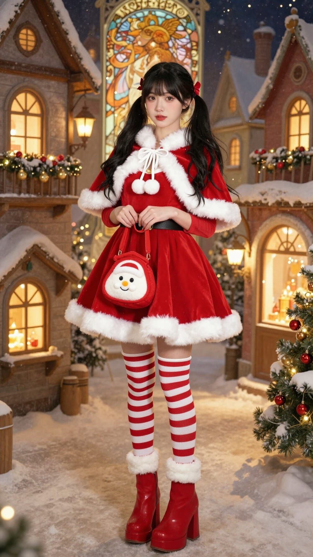 Fashion Sketch of Woman in Santa Dress in Christmas Village