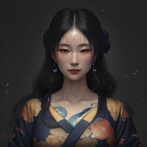 Woman Underwater: Vibrant Ukiyo-e Oil Painting