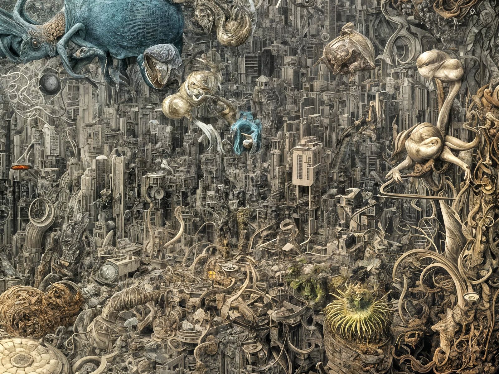 Futuristic Cityscape with Bizarre Creatures in 3D Render