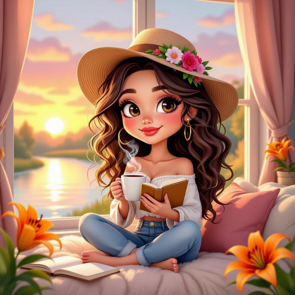 Cozy 3D Caricature with Floral Headband at Sunrise