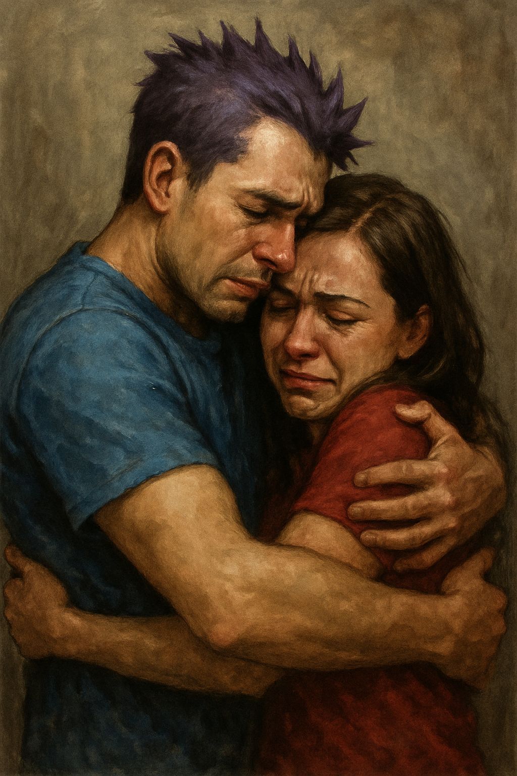 Grieving Couple Embraces in Tender Moment