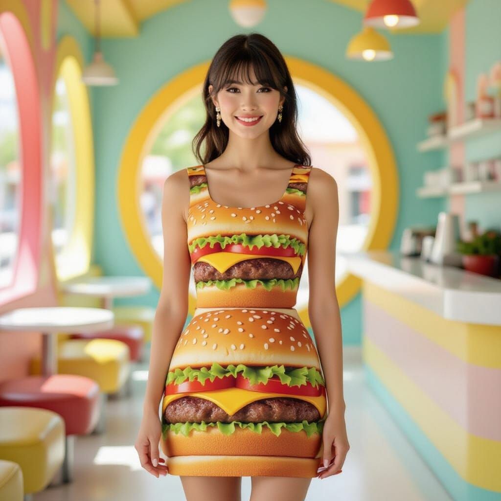 Woman in Hamburger Dress with Vibrant, Playful Style