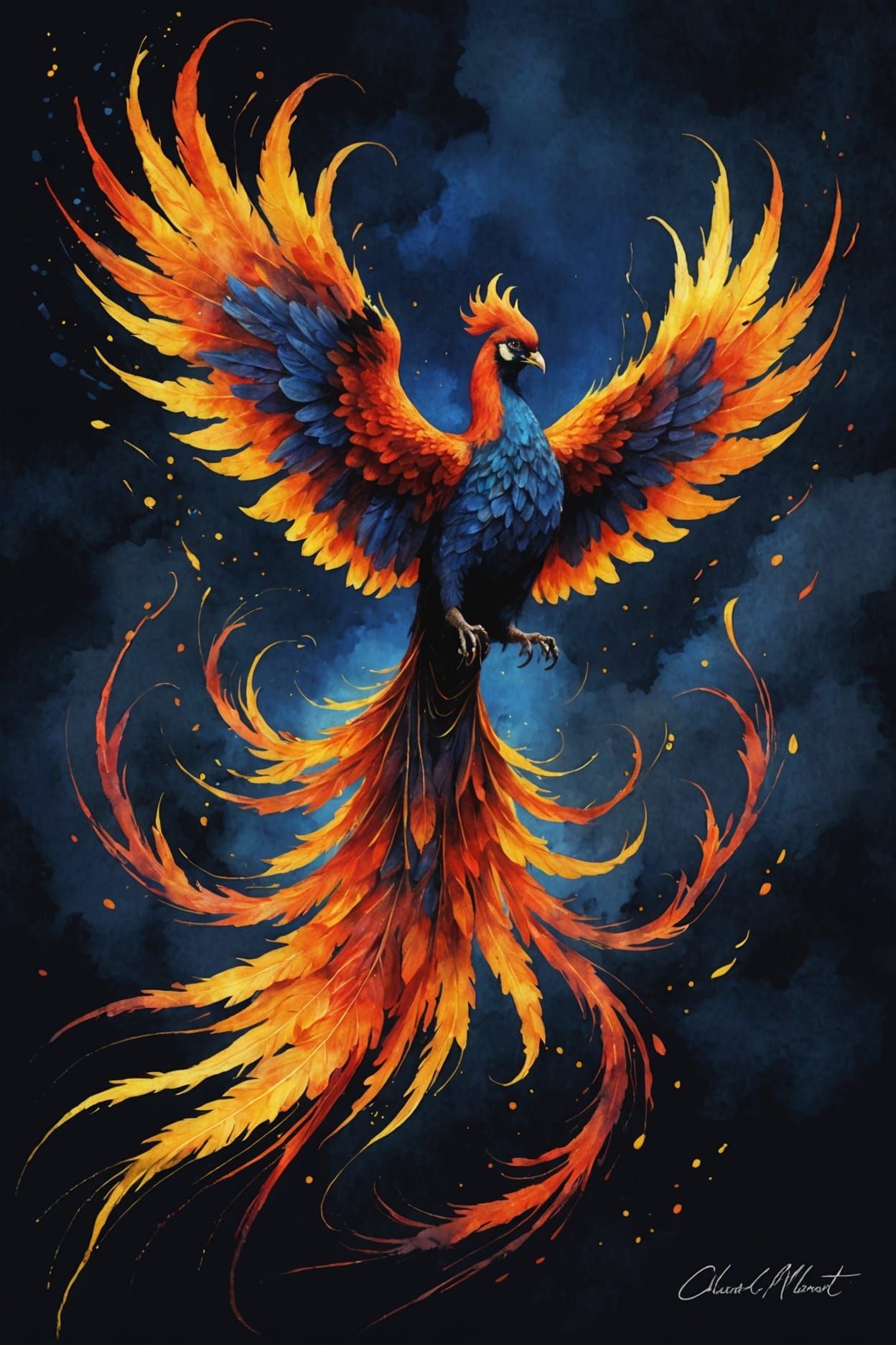 Fiery Phoenix Ascending in Watercolor Painting