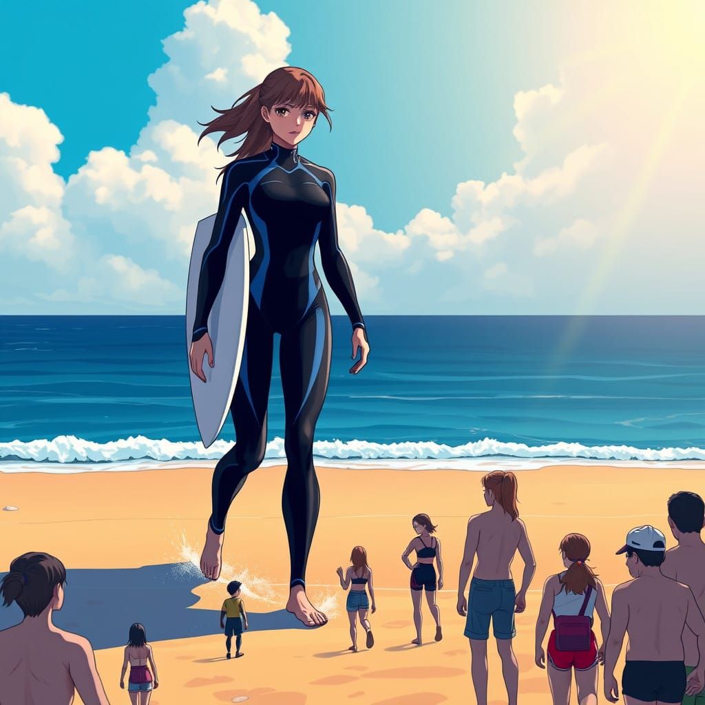 Giantess Surfer Towers over Tiny Beachgoers in Vibrant Anime...