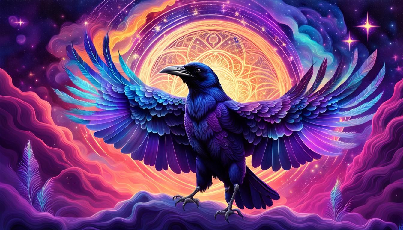 Magical Stardust Crow in Vibrant Astral Illustration