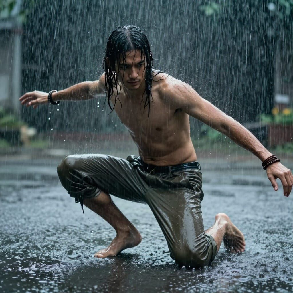 Man Crouching in Heavy Rain, Cinematic Lighting