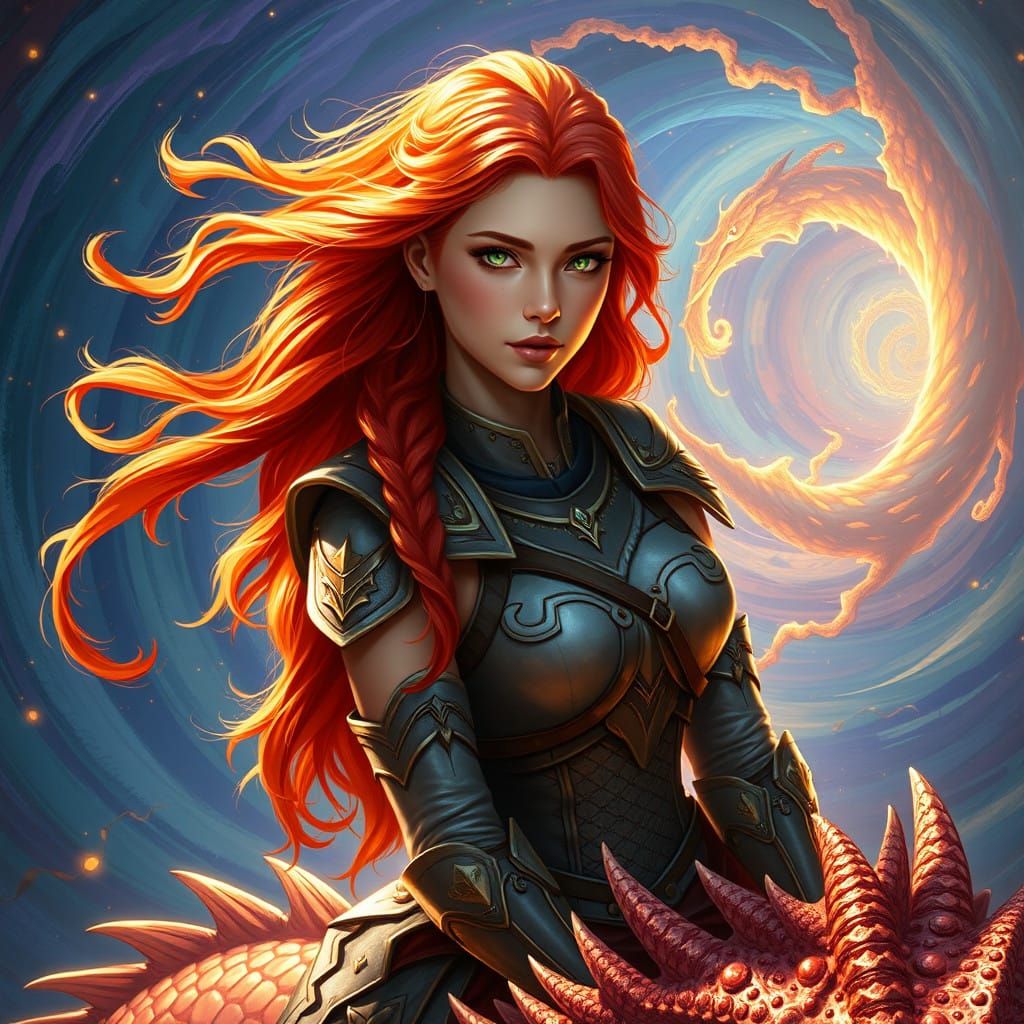 Warrior Woman on Dragon in Fantasy Landscape