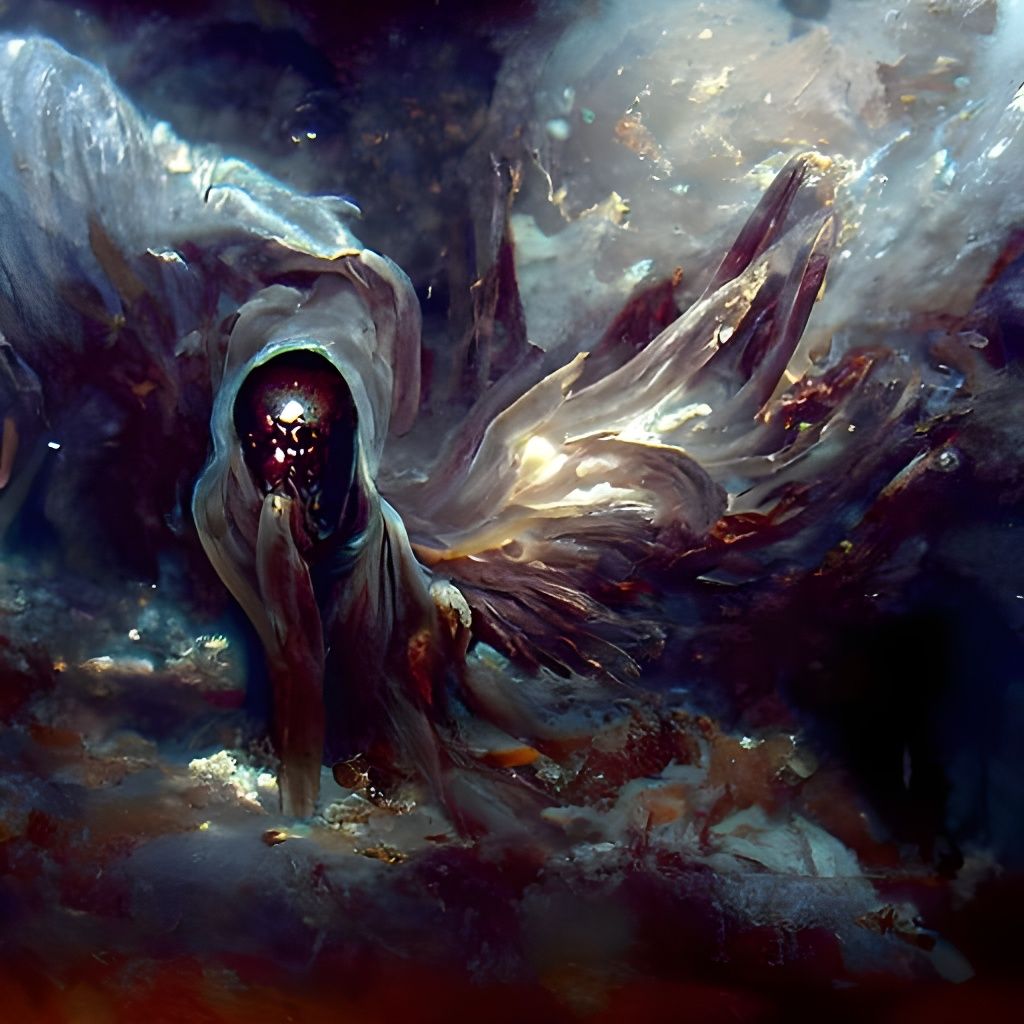 Grotesque Angel Weeps in Cosmic Renaissance Painting