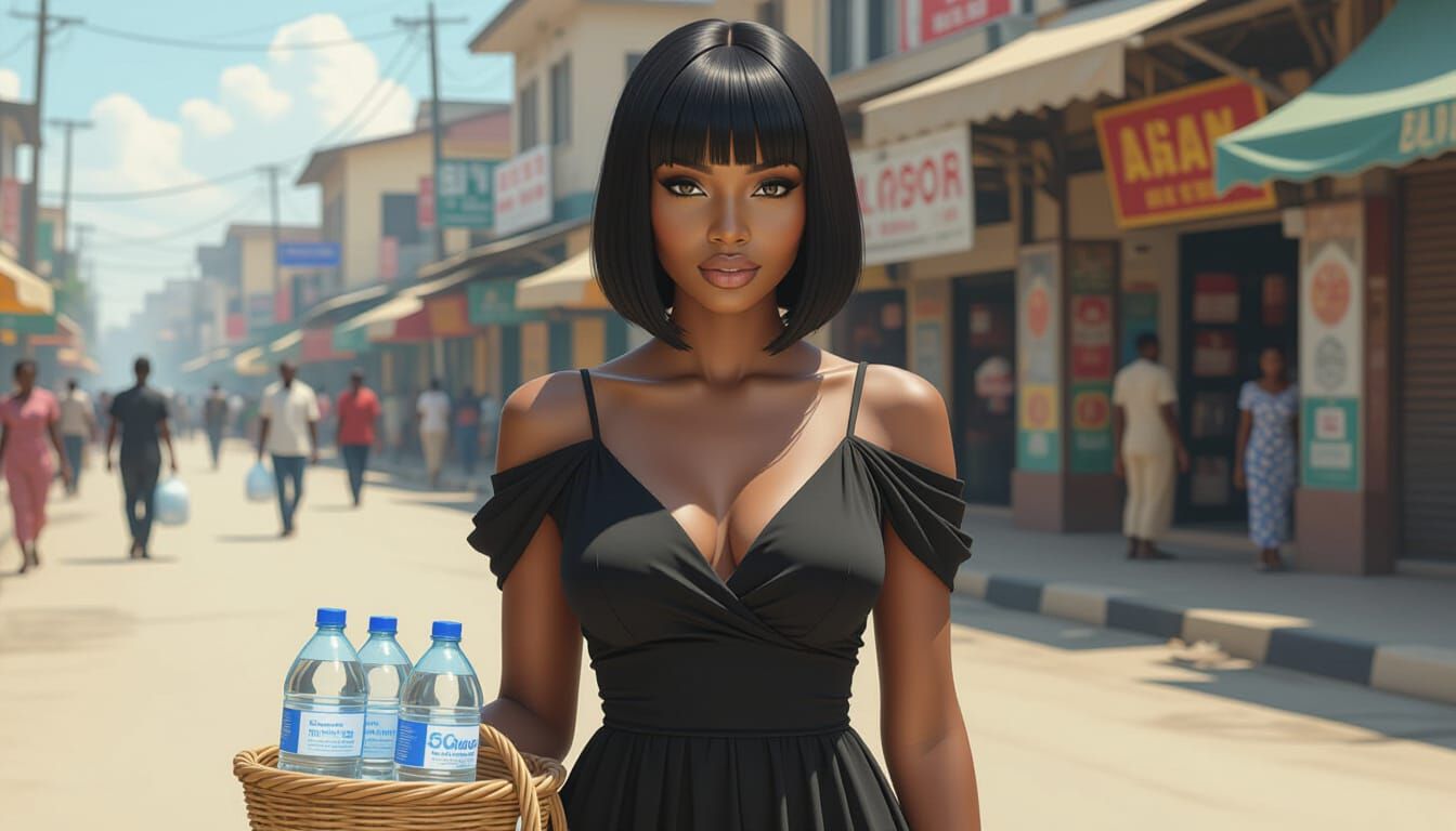 African Woman Selling Water in Lagos, Hyperrealistic Digital...