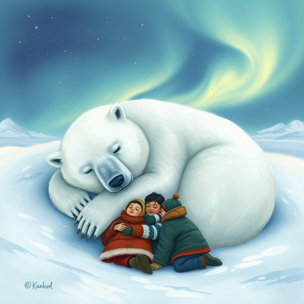 Polar Bear Comforts Inuit Under Aurora Borealis