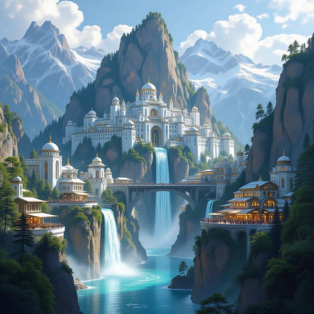 Futuristic Mountain City with Waterfall