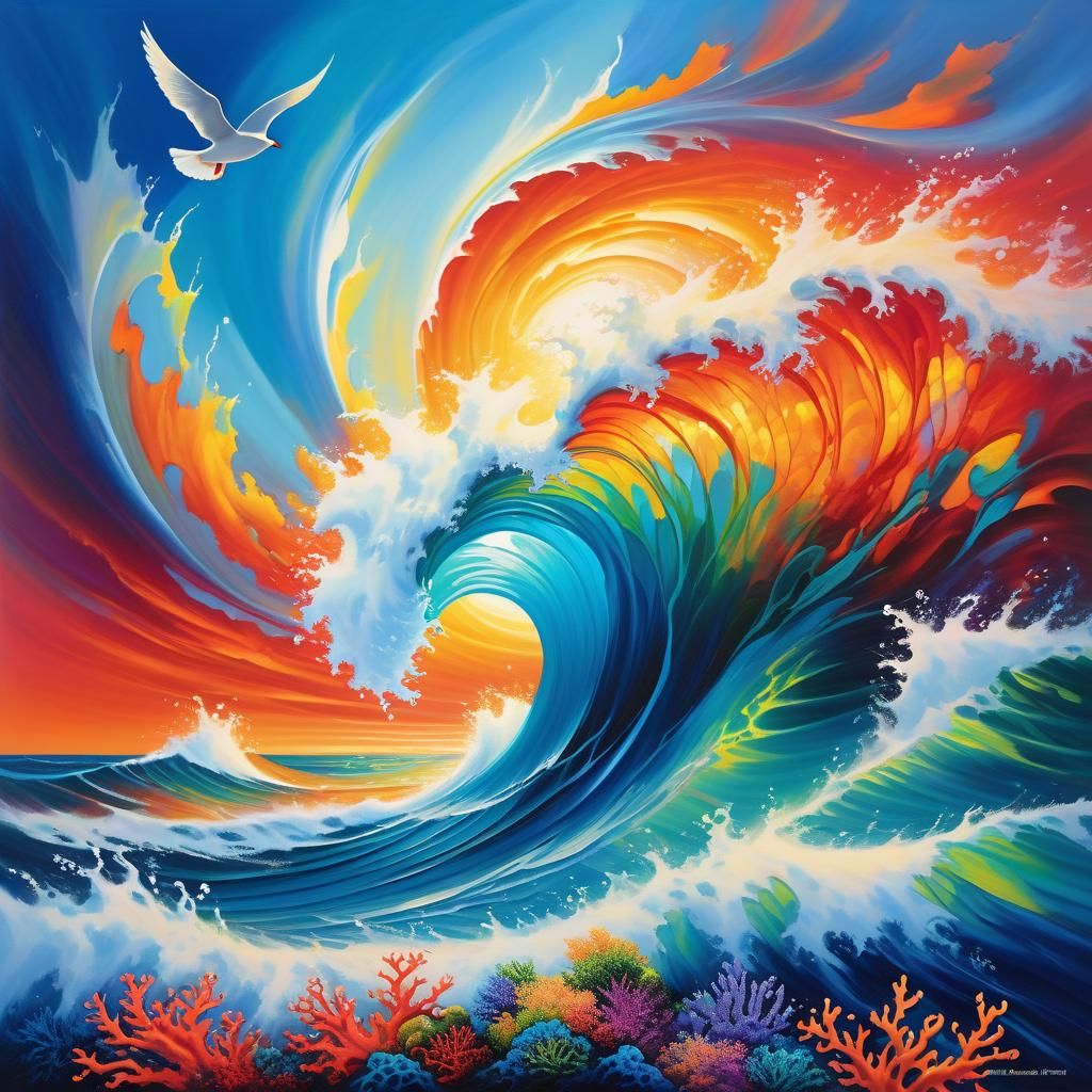 Vivid Ocean Waves Acrylic Painting with Coral Reef