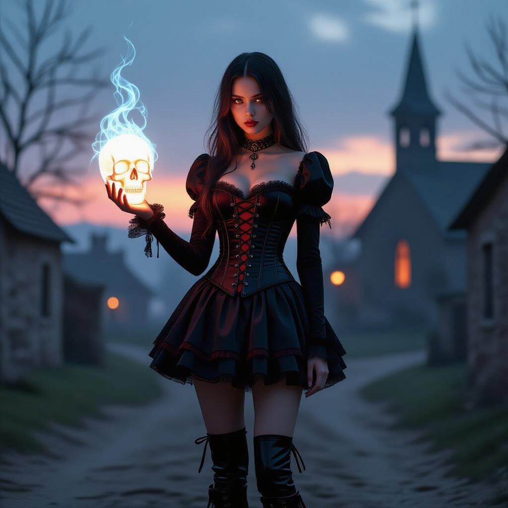 Gothic Teen Girl Holding Skull in Gloomy Village