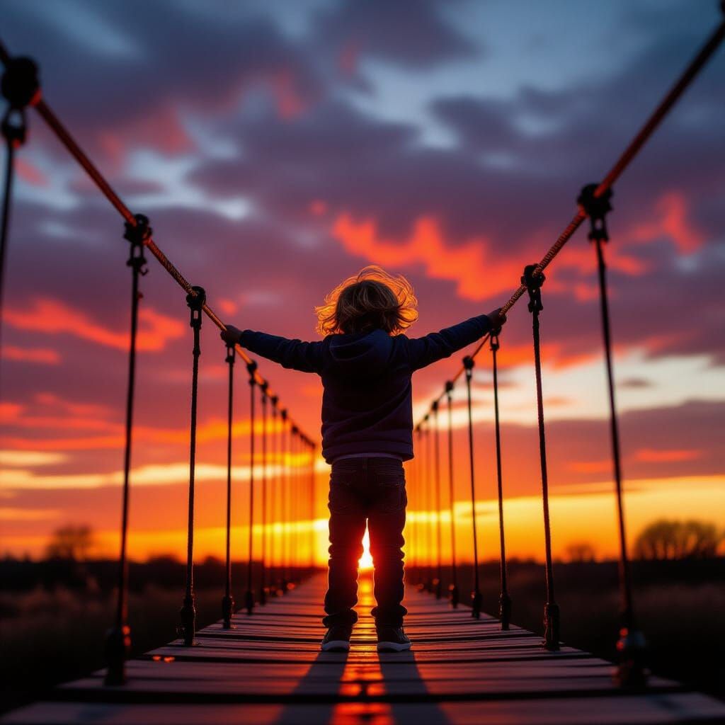 Child on Bridge at Sunrise, Epic Cinematic Atmosphere