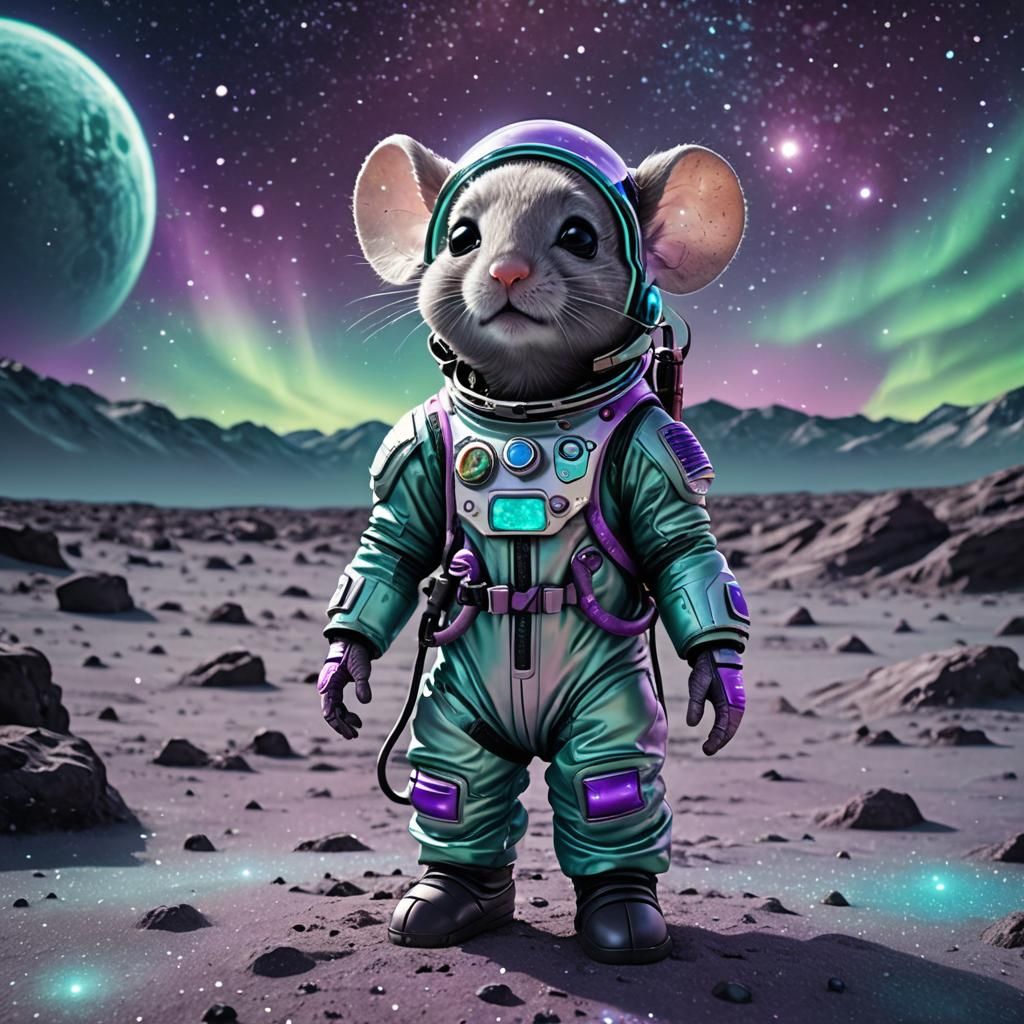 Aqua Chibi Mouse on the Moon in Digital Painting