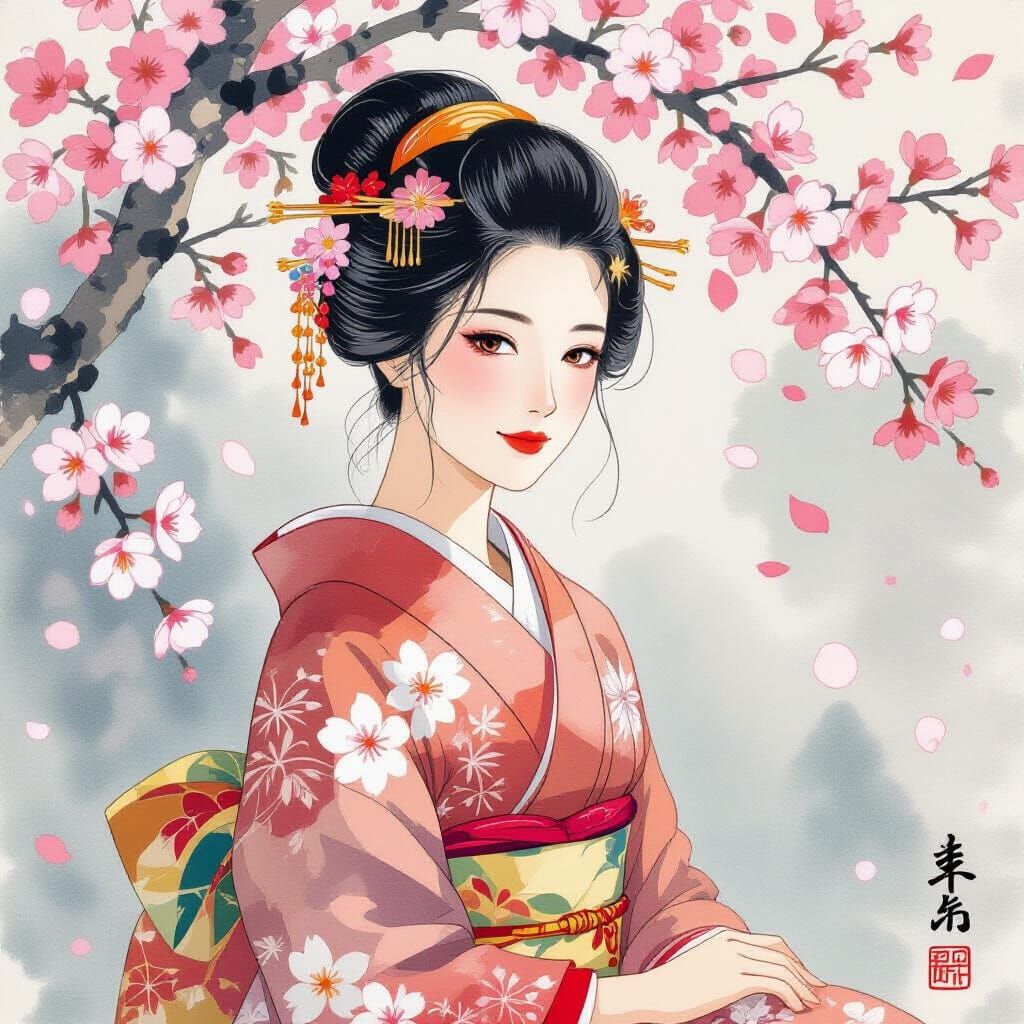 Serene Woman in Ukiyo-e Style with Cherry Blossoms