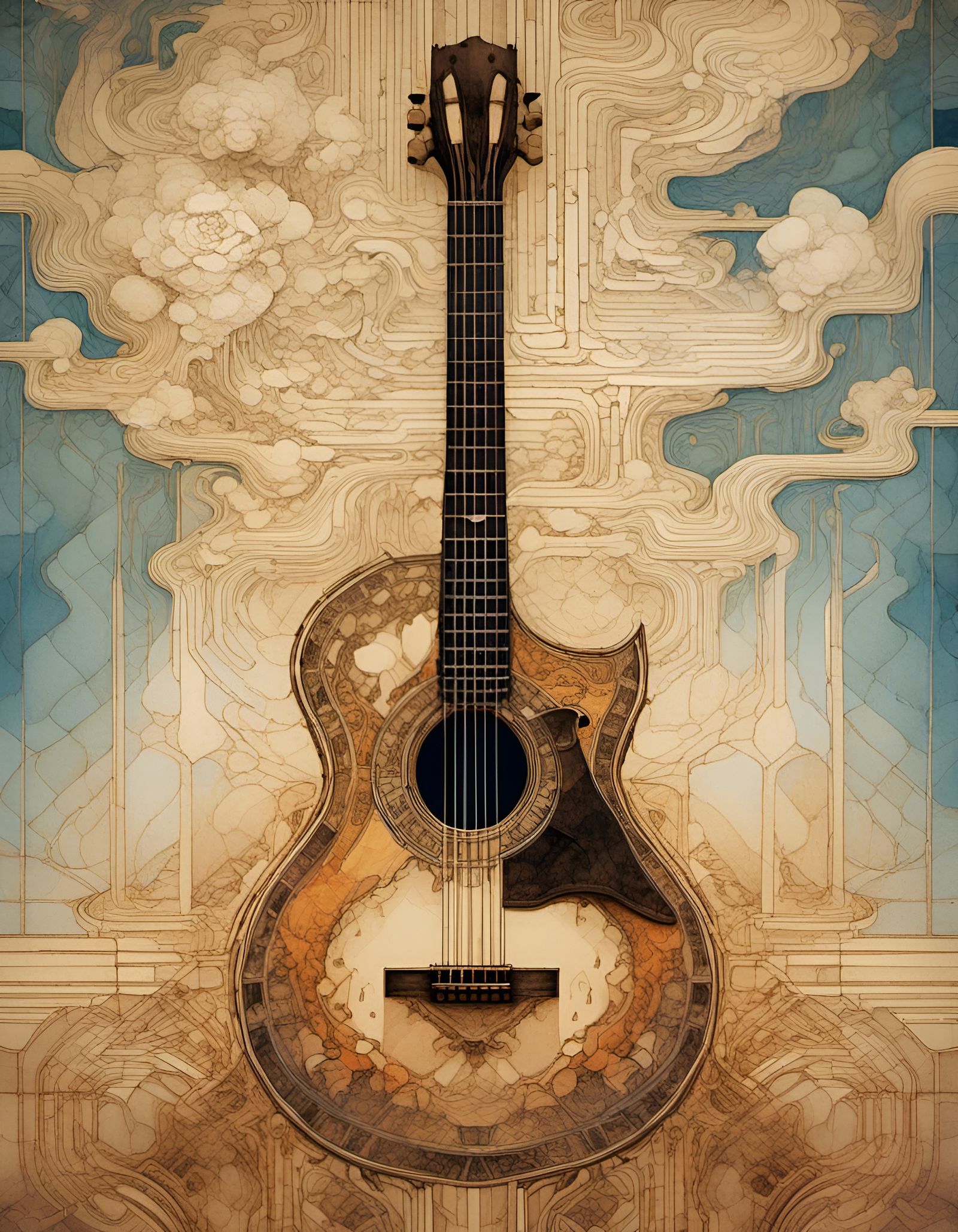 Art Deco Guitar Stencil with Floral and ASCII Details
