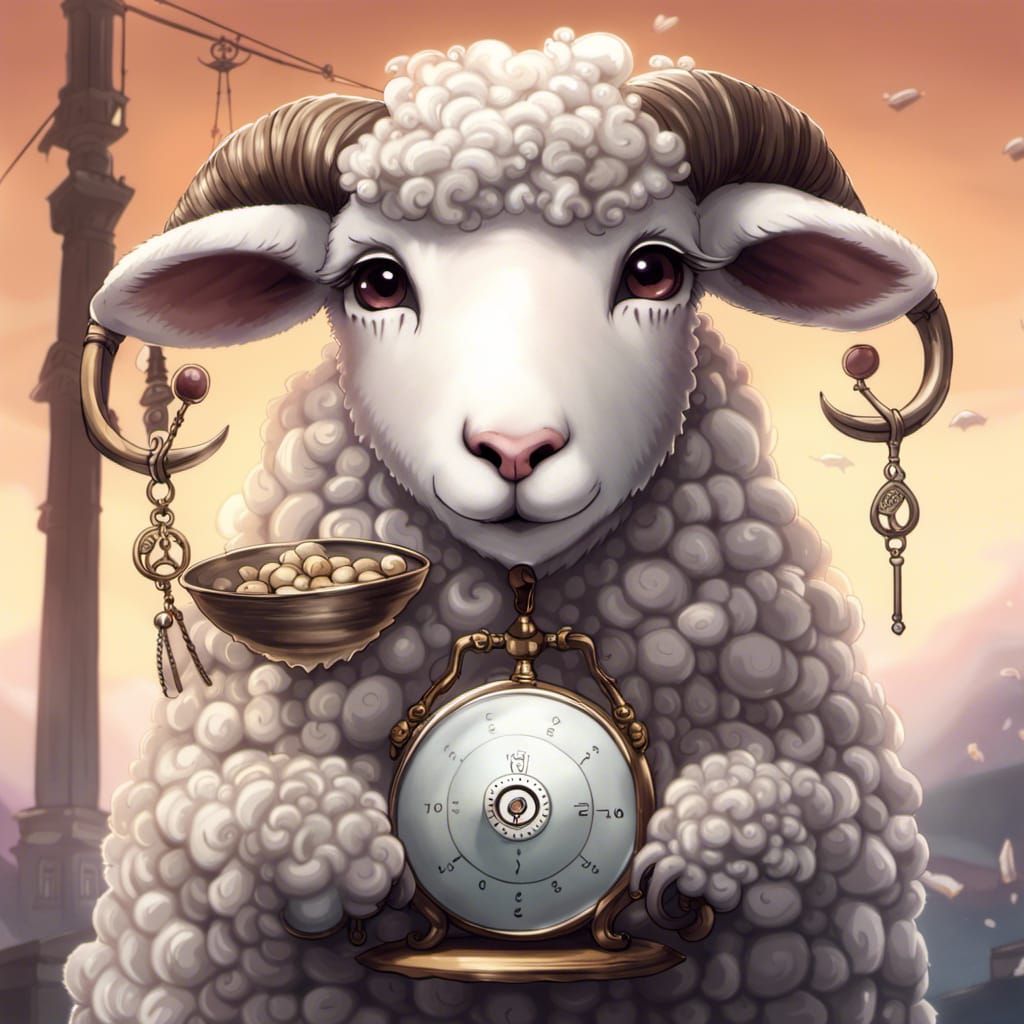 Kawaii Sheep with Libra Scale in Anime Style