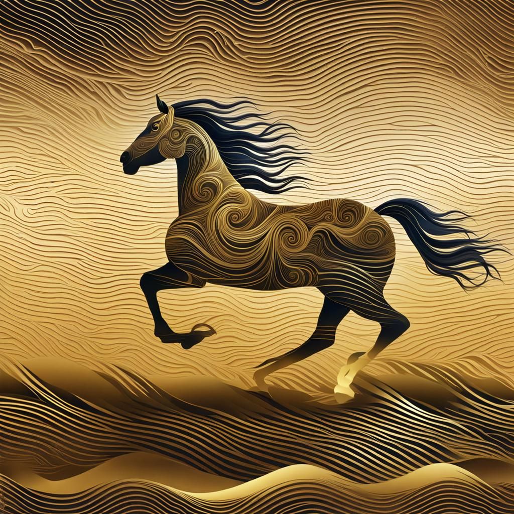 Horse Running on Golden Beach with Waves