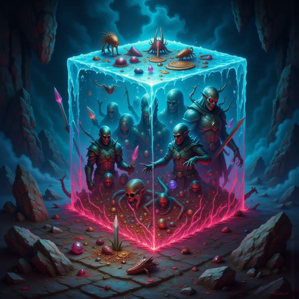 RPG Ooze Cube Devours Adventurers in Dark Fantasy Art