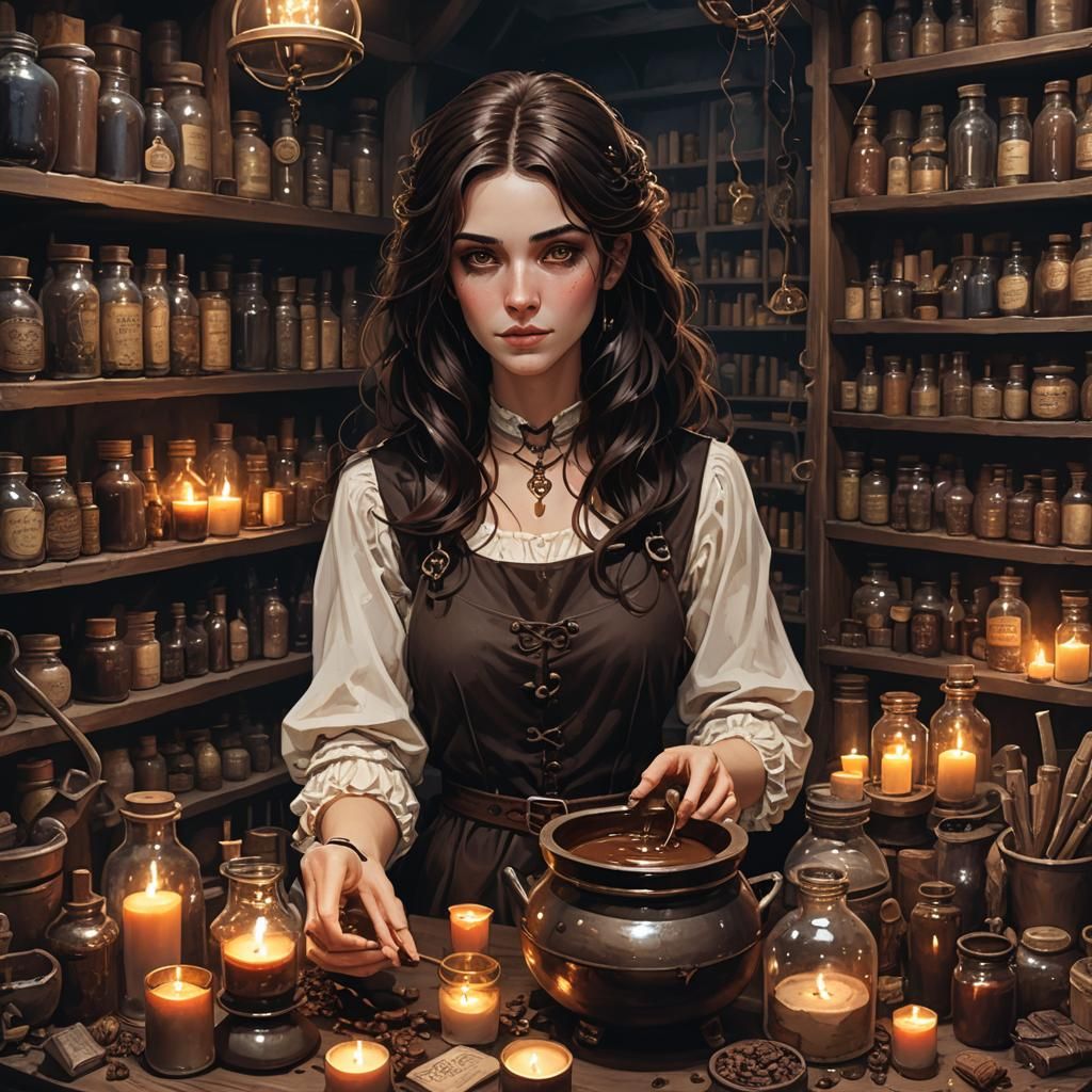 Young Witch Brewing Love Potion as Digital Art
