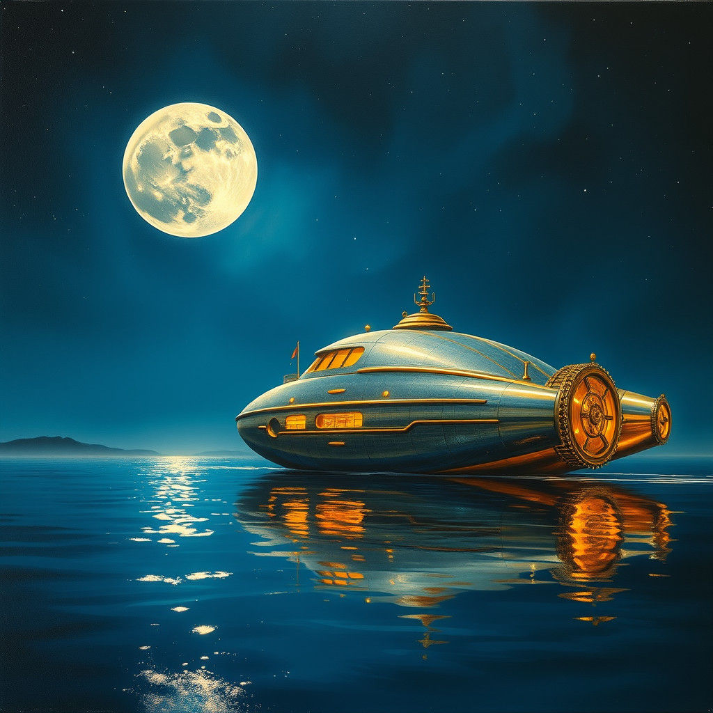 Golden-Silver Hovercraft at Night in Oil Painting Style
