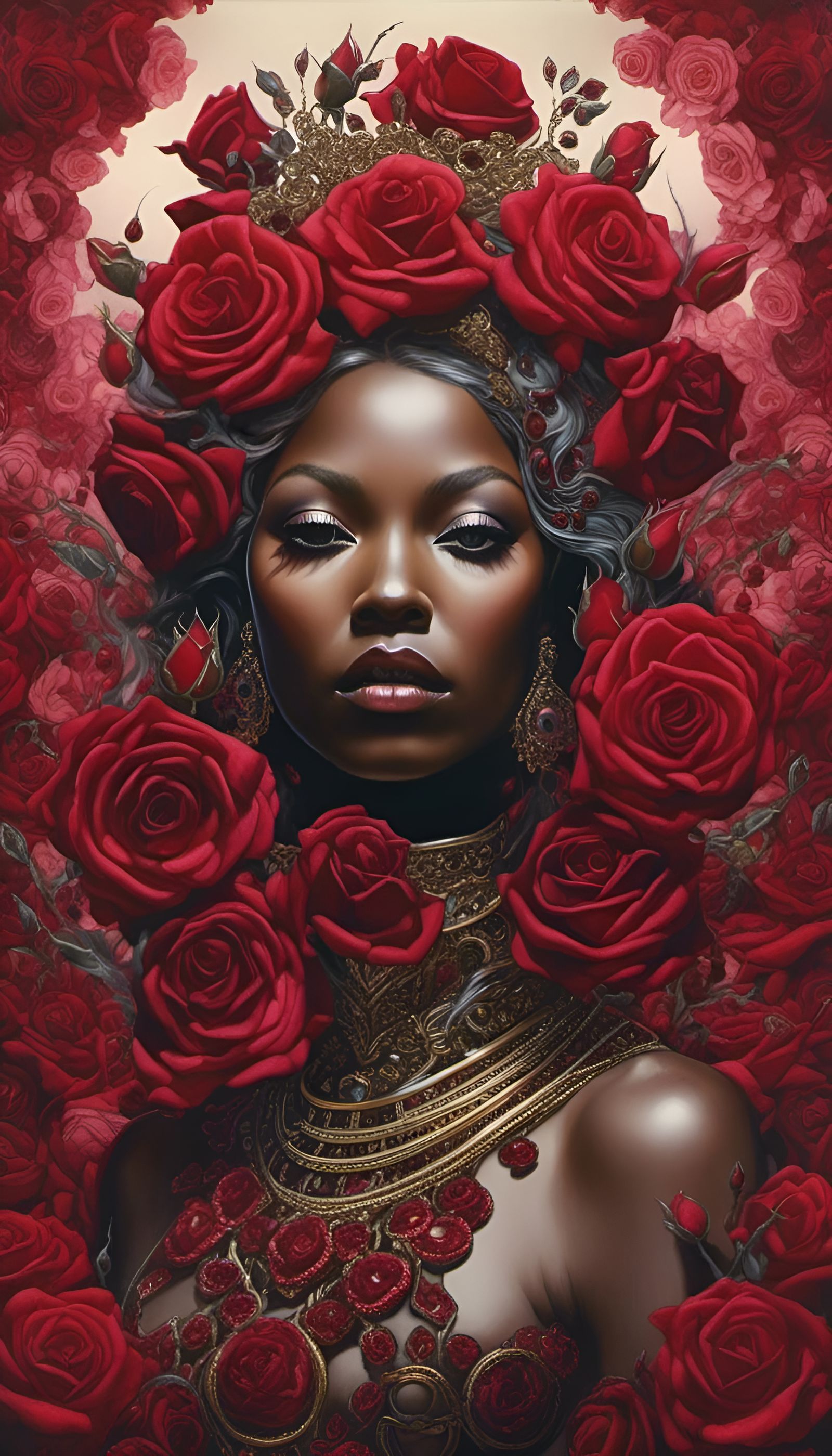 Rose Goddess Portrait in Watercolor and Metallic Ink