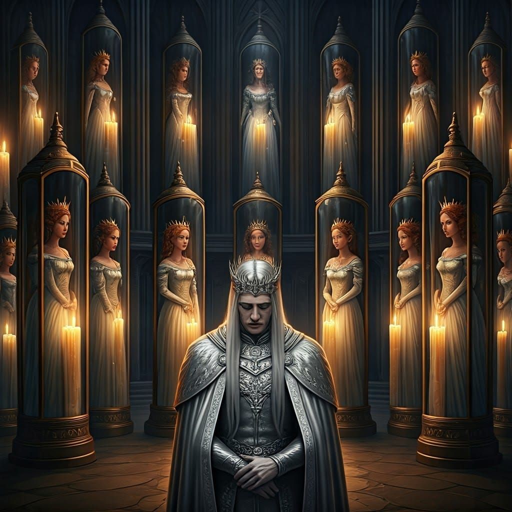 Thirty Princesses Surround a Mournful Silver King in a Regal...