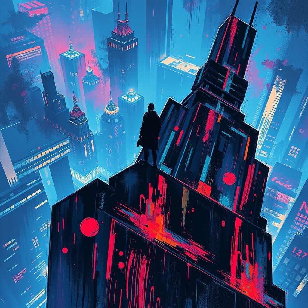 Futuristic Man on Skyscraper Edge in Graffiti Art Style