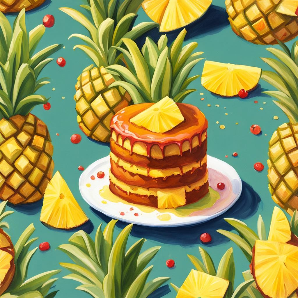 Detailed Gouache Painting of Pineapple Upside-Down Cake