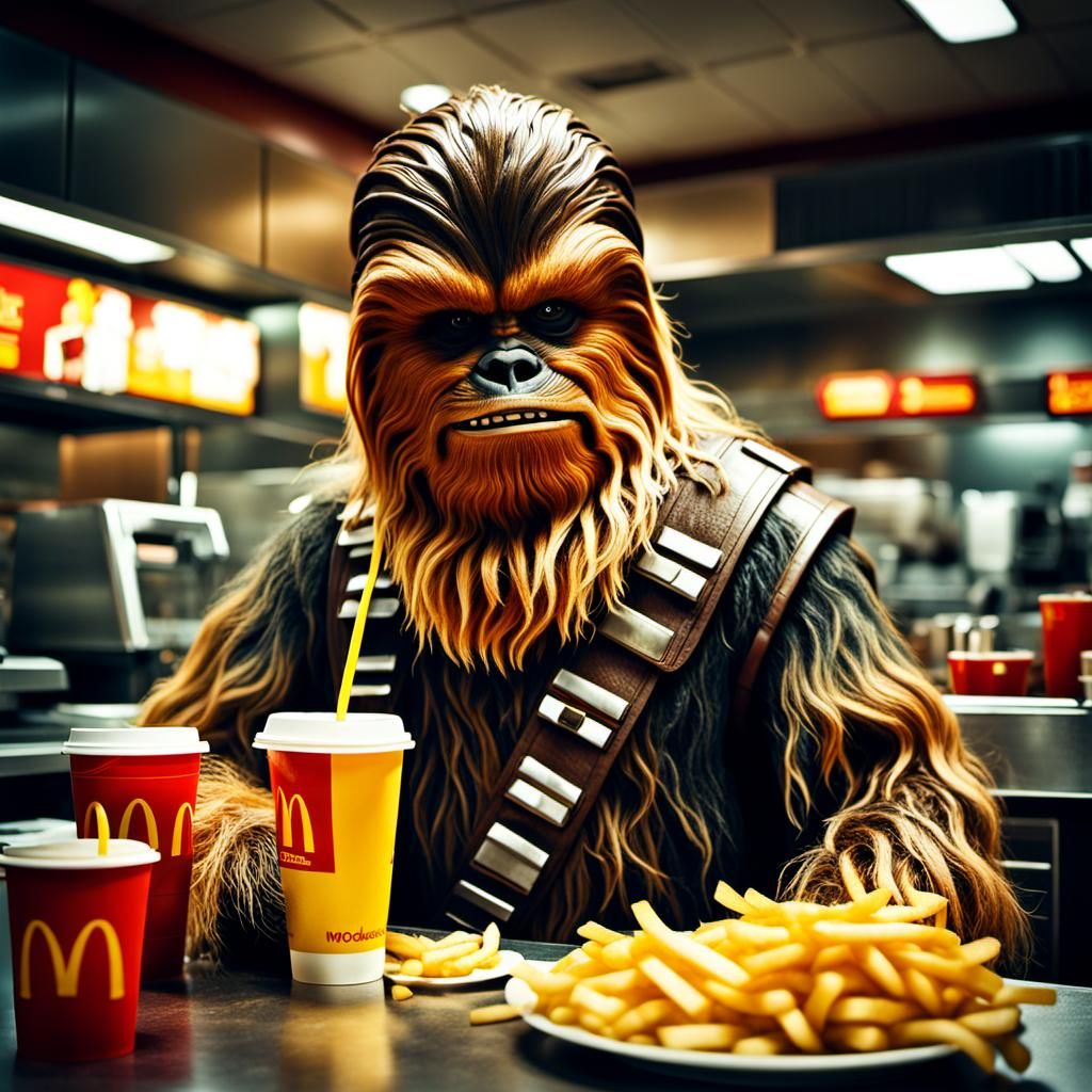 Hyperrealistic Wookiee at McDonald's, Detailed Render