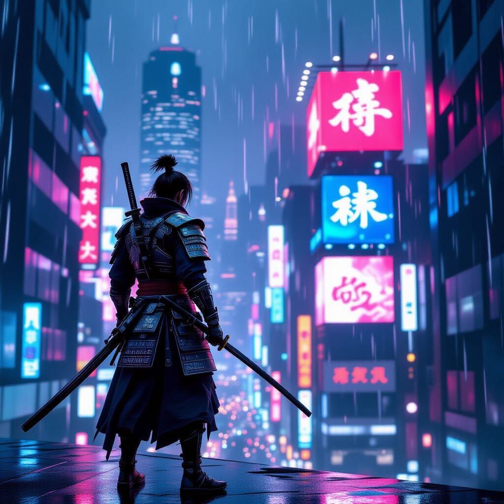 Cyberpunk Samurai Warrior Gazing Over Neon City