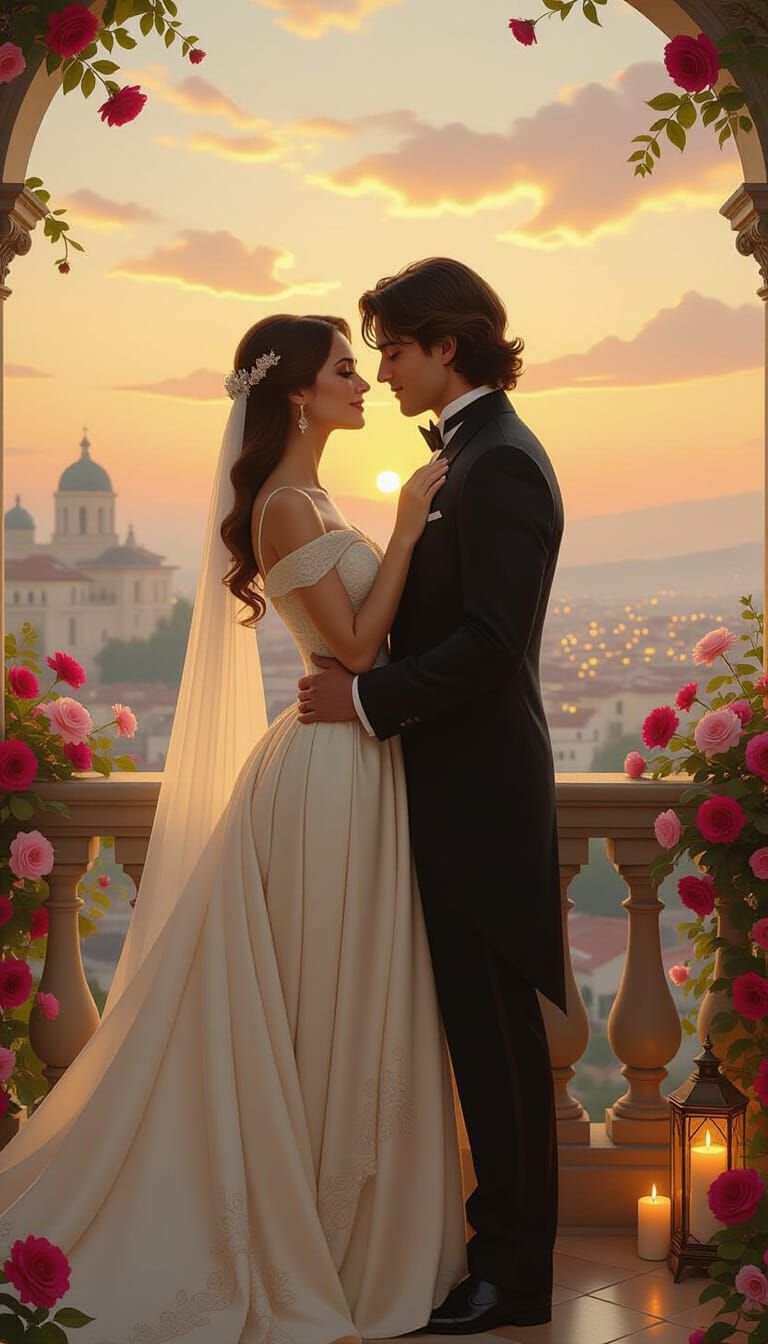 Romantic Balcony Scene at Sunset in Art Nouveau Style