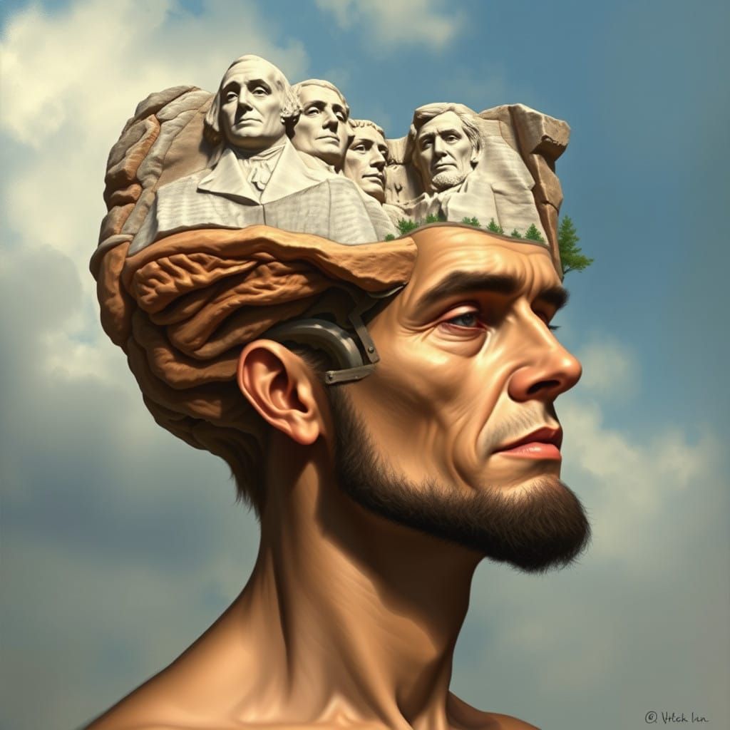 Mount Rushmore Sculpted onto a Person's Head in a Surreal Po...