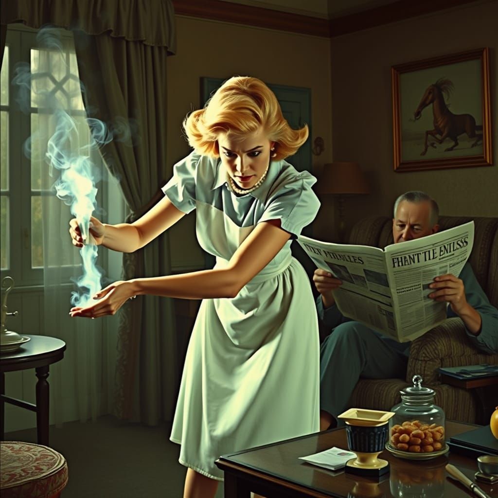 Frantic Housewife in 1950s Apron, Hints of Surreal Horror