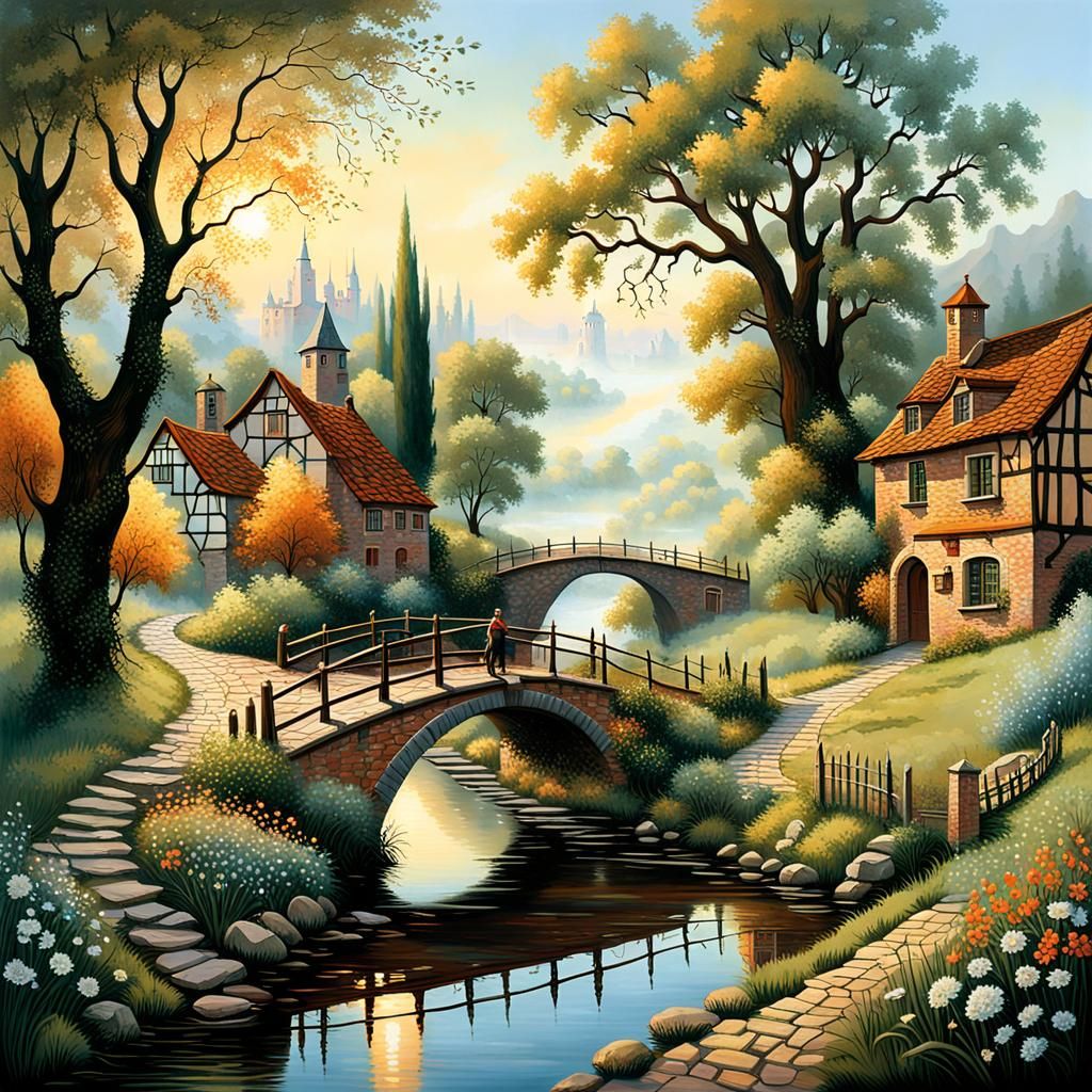 Picturesque Floral Village Painting at Sunset