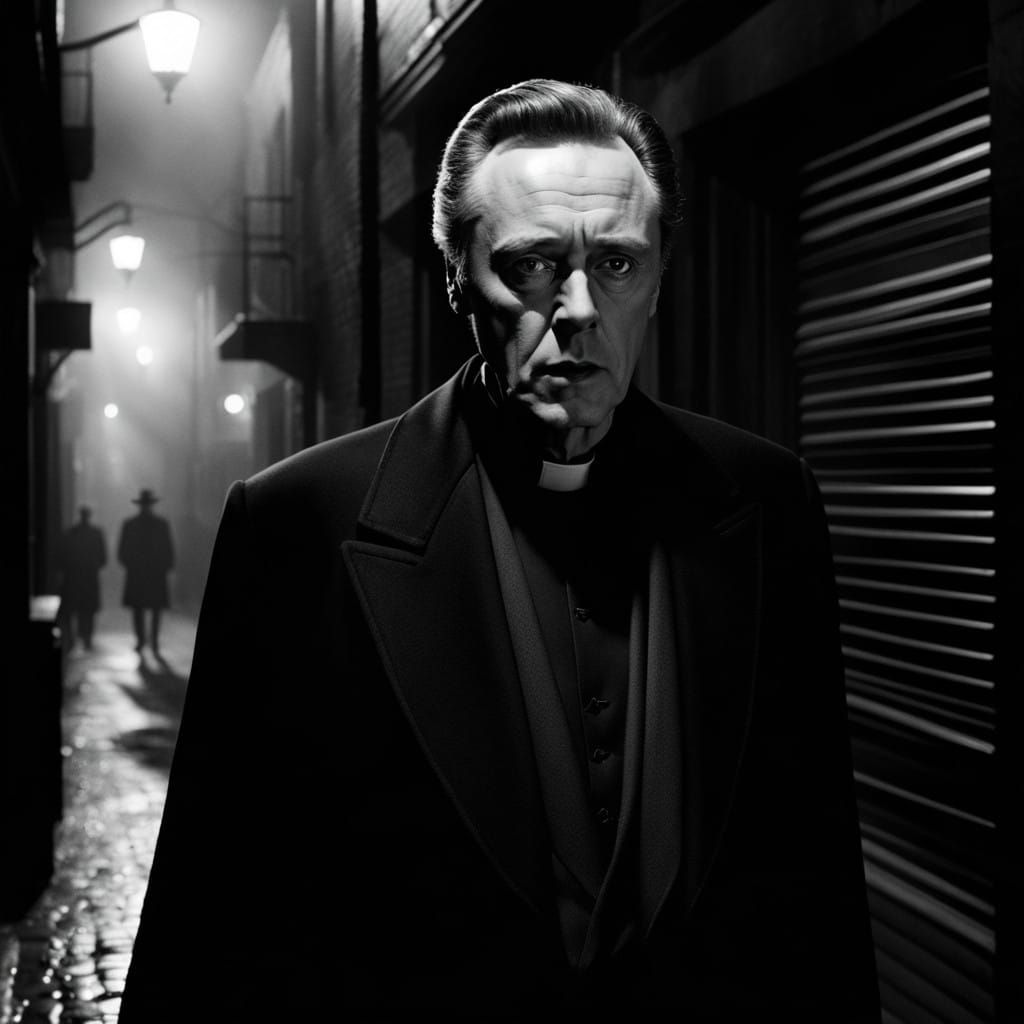Monochrome Noir Priest in Smoky Alleyway